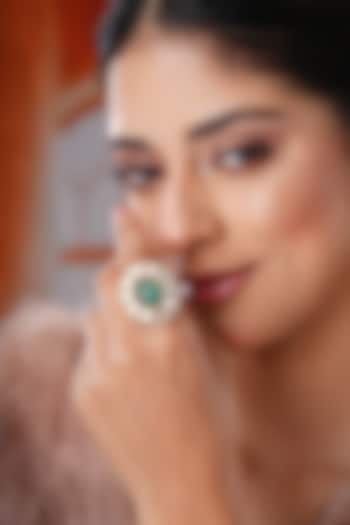 Gold Finish Kundan Polki & Green Stone Handcrafted Ring by EKATHVA JAIPUR at Pernia's Pop Up Shop