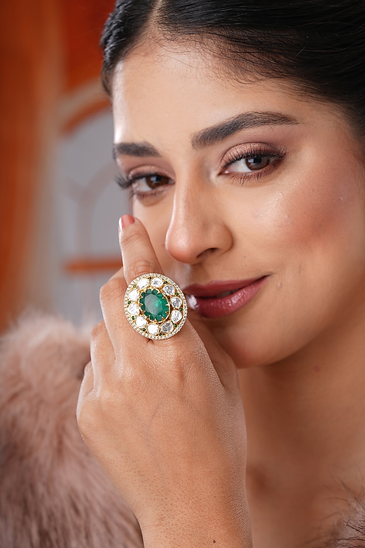 Gold Finish Kundan Polki & Green Stone Handcrafted Ring by EKATHVA JAIPUR at Pernia's Pop Up Shop