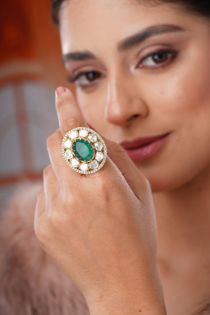 Gold Finish Kundan Polki & Green Stone Handcrafted Ring by EKATHVA JAIPUR at Pernia's Pop Up Shop