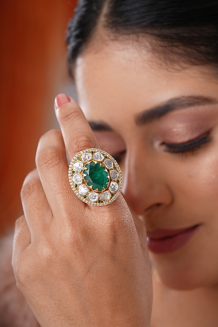 Gold Finish Kundan Polki & Green Stone Handcrafted Ring by EKATHVA JAIPUR at Pernia's Pop Up Shop