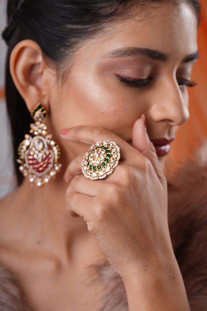 Gold Finish Kundan Polki & Green Stone Ring by EKATHVA JAIPUR at Pernia's Pop Up Shop