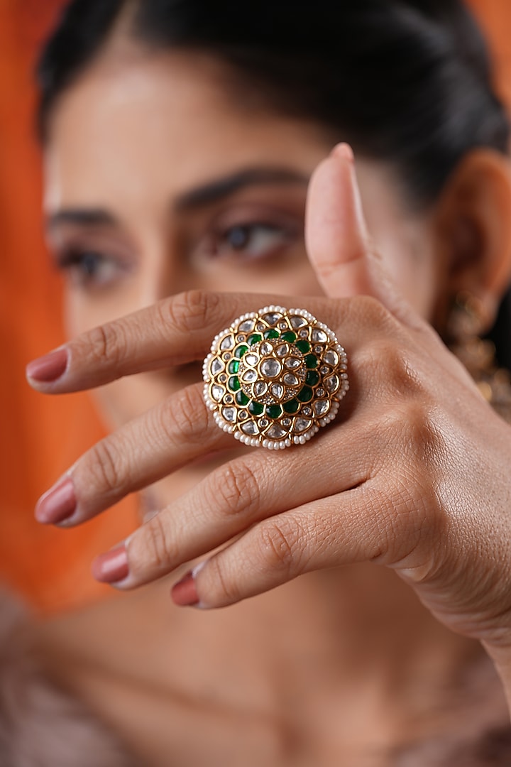 Gold Finish Kundan Polki & Green Stone Ring by EKATHVA JAIPUR at Pernia's Pop Up Shop