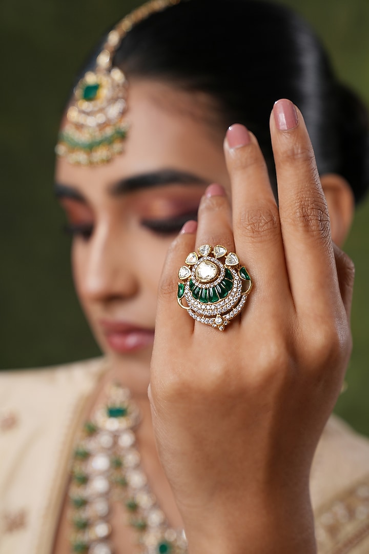 Gold Finish Kundan Polki & Green Stone Ring by EKATHVA JAIPUR at Pernia's Pop Up Shop