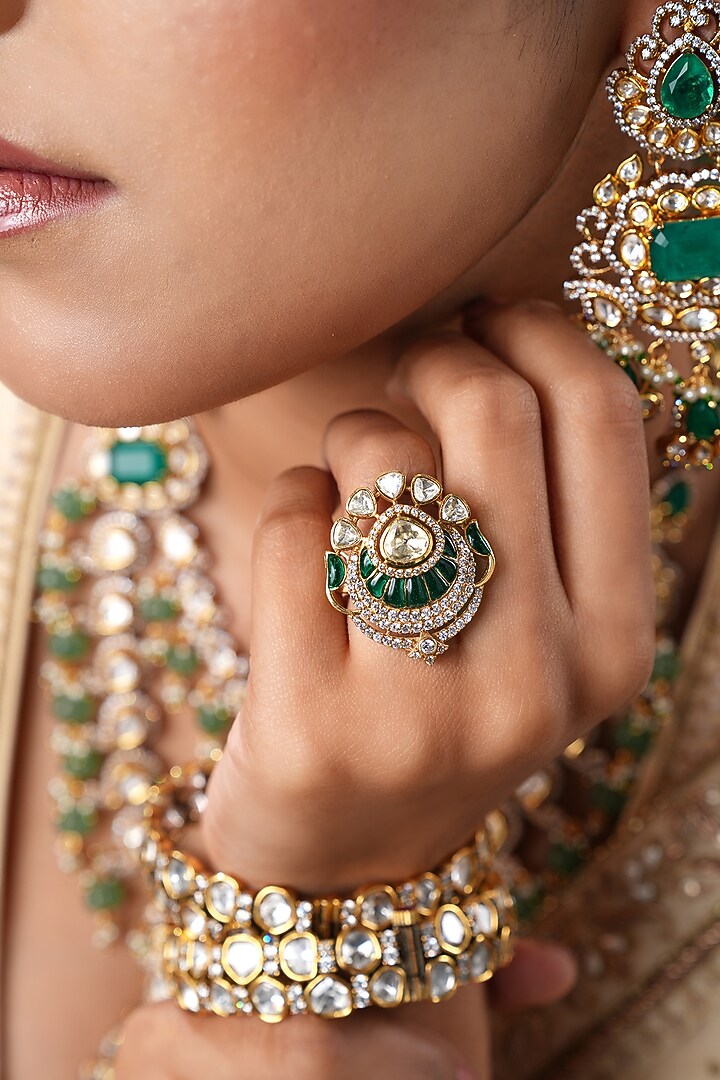 Gold Finish Kundan Polki & Green Stone Ring by EKATHVA JAIPUR at Pernia's Pop Up Shop
