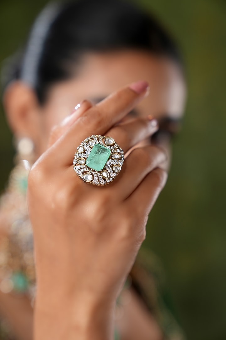 Gold Finish Kundan Polki & Mint Stone Ring by EKATHVA JAIPUR at Pernia's Pop Up Shop