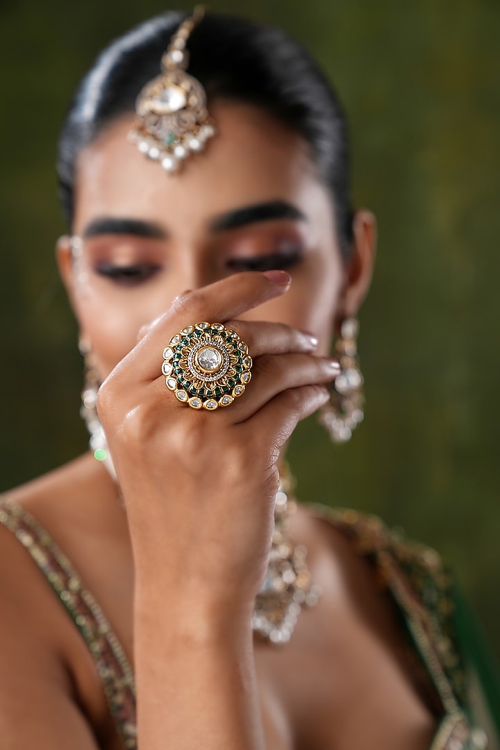 Gold Finish Kundan Polki & Green Stone Ring by EKATHVA JAIPUR at Pernia's Pop Up Shop