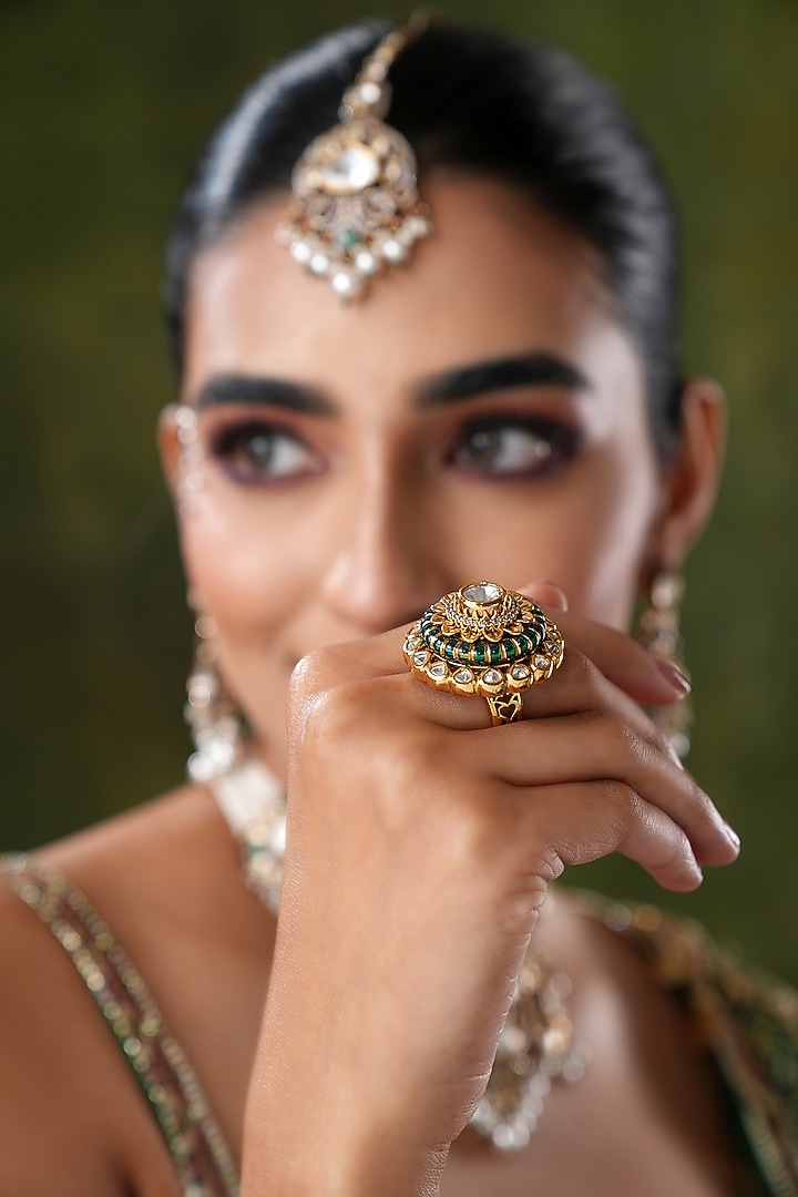 Gold Finish Kundan Polki & Green Stone Ring by EKATHVA JAIPUR at Pernia's Pop Up Shop