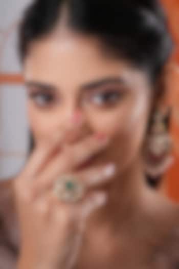 Gold Finish Kundan Polki & Green Stone Handcrafted Ring by EKATHVA JAIPUR at Pernia's Pop Up Shop