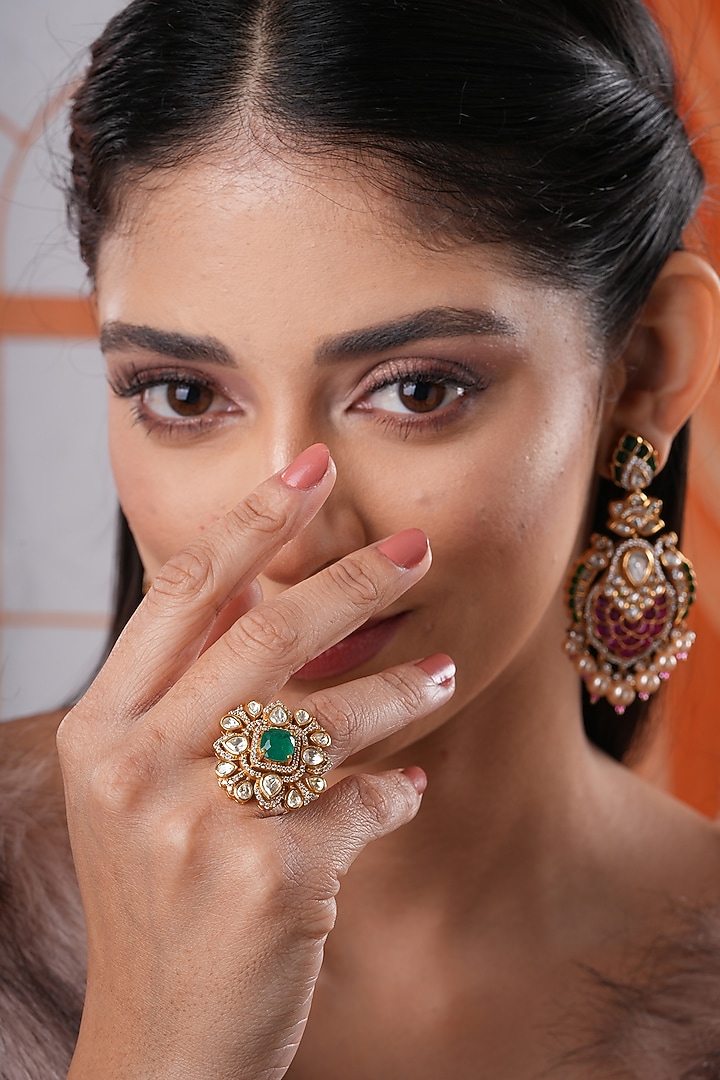 Gold Finish Kundan Polki & Green Stone Handcrafted Ring by EKATHVA JAIPUR at Pernia's Pop Up Shop