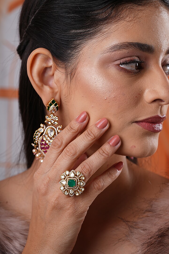 Gold Finish Kundan Polki & Green Stone Handcrafted Ring by EKATHVA JAIPUR at Pernia's Pop Up Shop