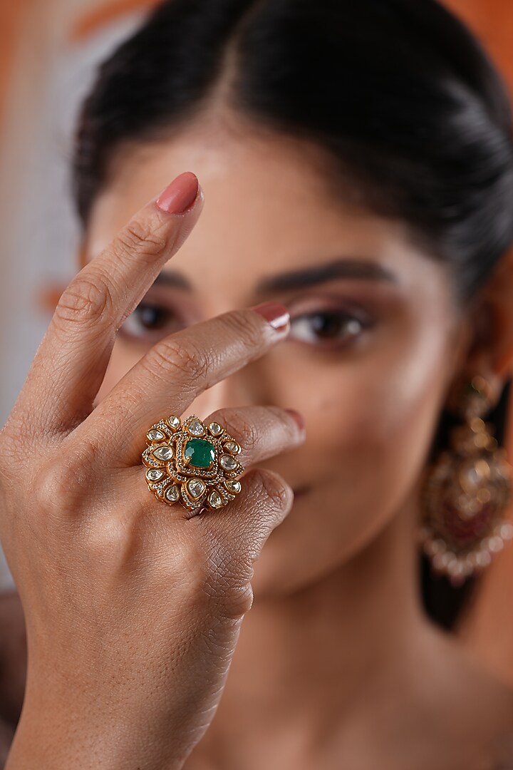 Gold Finish Kundan Polki & Green Stone Handcrafted Ring by EKATHVA JAIPUR at Pernia's Pop Up Shop