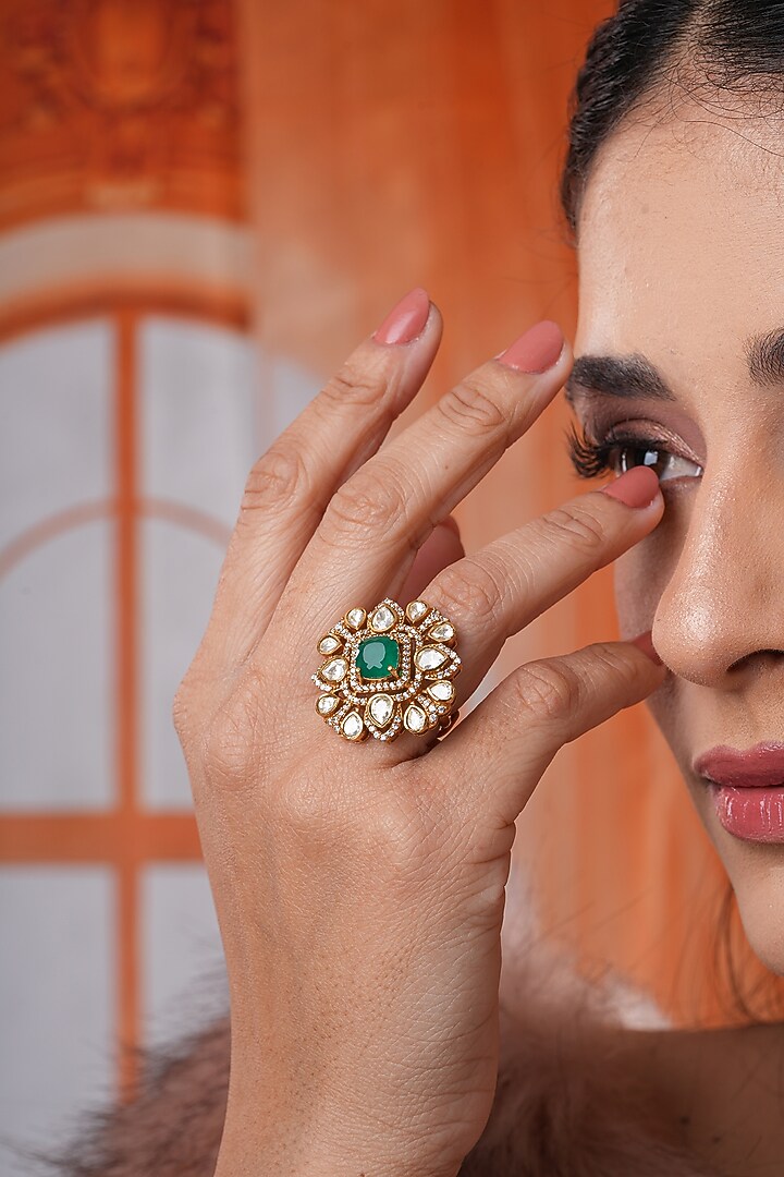 Gold Finish Kundan Polki & Green Stone Handcrafted Ring by EKATHVA JAIPUR at Pernia's Pop Up Shop