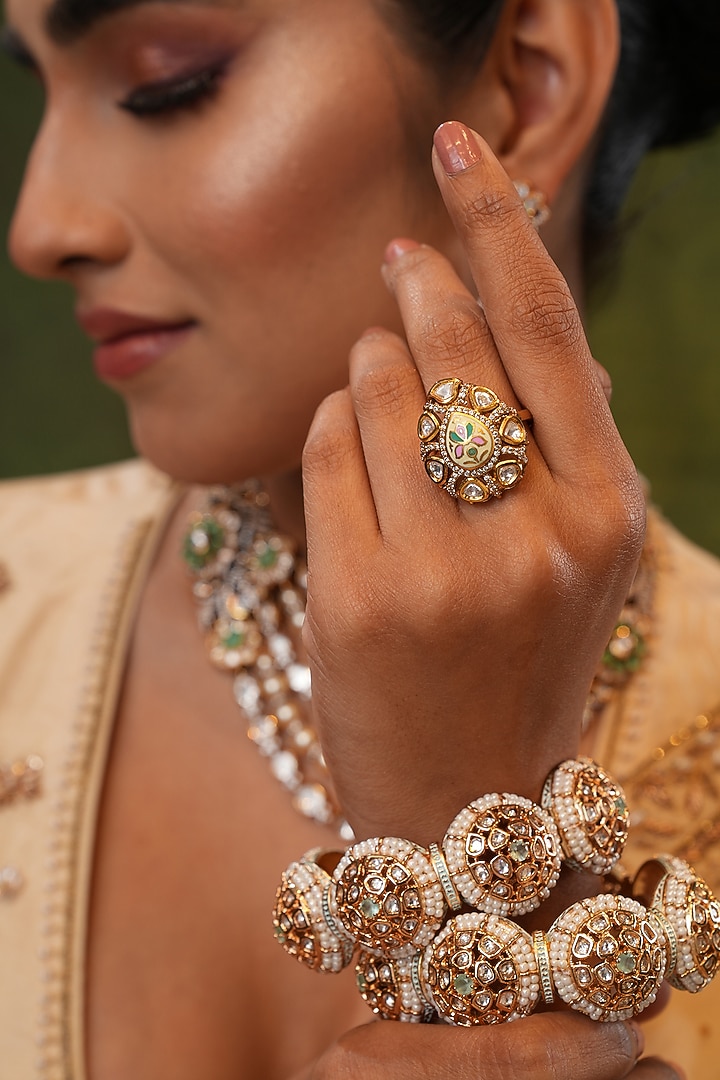 Gold Finish Kundan Polki Handcrafted Ring by EKATHVA JAIPUR at Pernia's Pop Up Shop