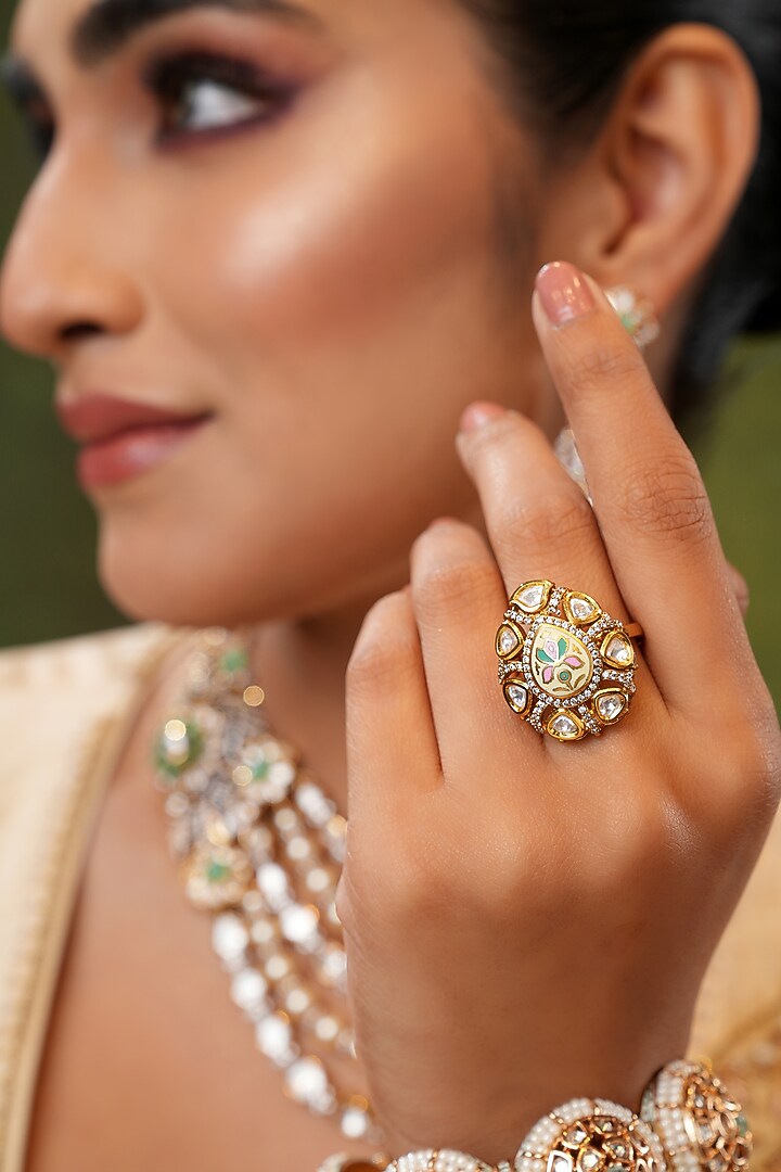 Gold Finish Kundan Polki Handcrafted Ring by EKATHVA JAIPUR at Pernia's Pop Up Shop