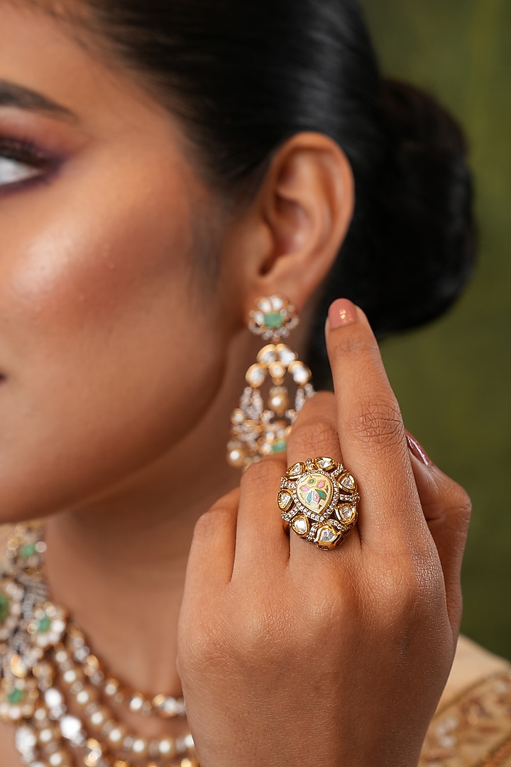 Gold Finish Kundan Polki Handcrafted Ring by EKATHVA JAIPUR at Pernia's Pop Up Shop
