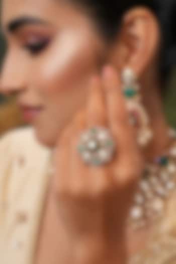 Gold Finish Kundan Polki & Green Stone Handcrafted Ring by EKATHVA JAIPUR at Pernia's Pop Up Shop