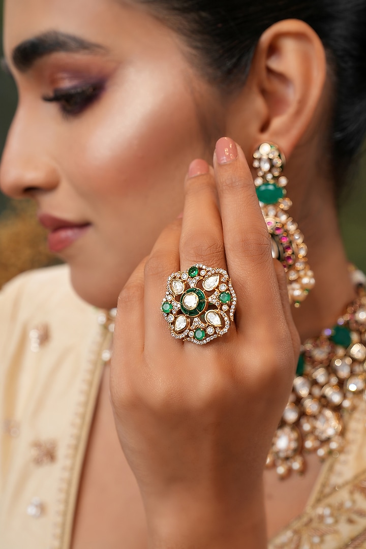 Gold Finish Kundan Polki & Green Stone Handcrafted Ring by EKATHVA JAIPUR at Pernia's Pop Up Shop
