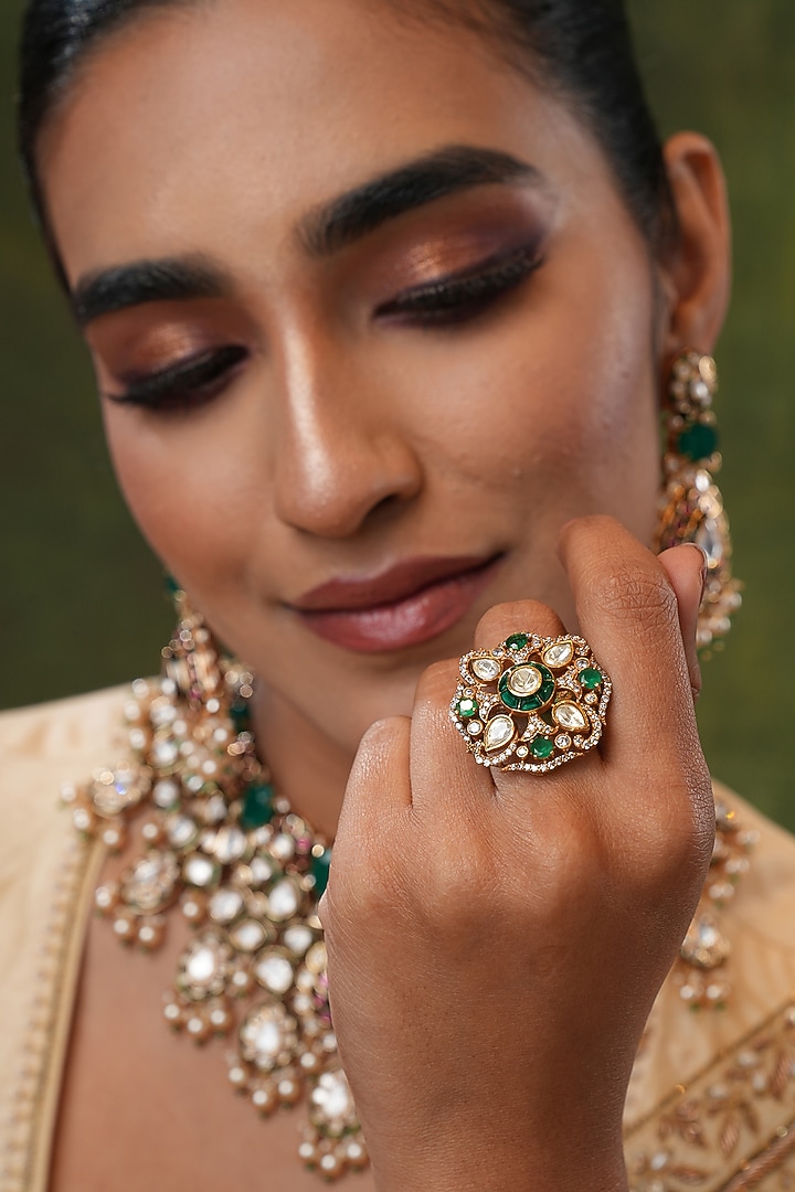 Gold Finish Kundan Polki & Green Stone Handcrafted Ring by EKATHVA JAIPUR at Pernia's Pop Up Shop