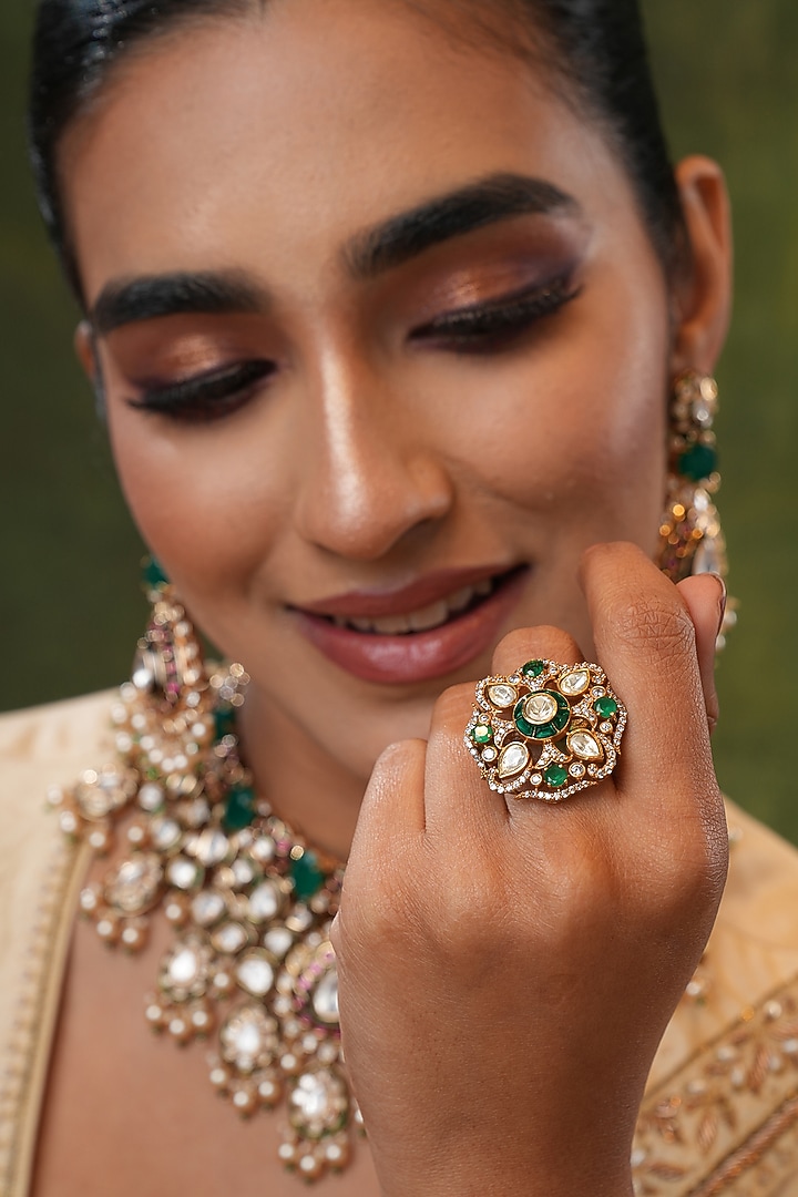 Gold Finish Kundan Polki & Green Stone Handcrafted Ring by EKATHVA JAIPUR at Pernia's Pop Up Shop