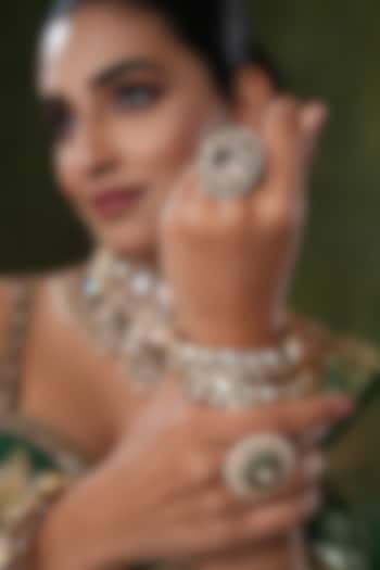 Gold Finish Kundan Polki & Green Stone Ring by EKATHVA JAIPUR at Pernia's Pop Up Shop