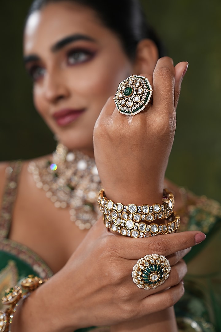Gold Finish Kundan Polki & Green Stone Ring by EKATHVA JAIPUR at Pernia's Pop Up Shop