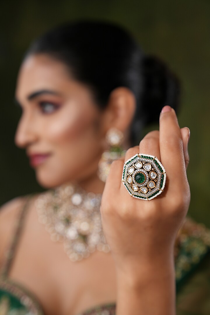 Gold Finish Kundan Polki & Green Stone Ring by EKATHVA JAIPUR at Pernia's Pop Up Shop