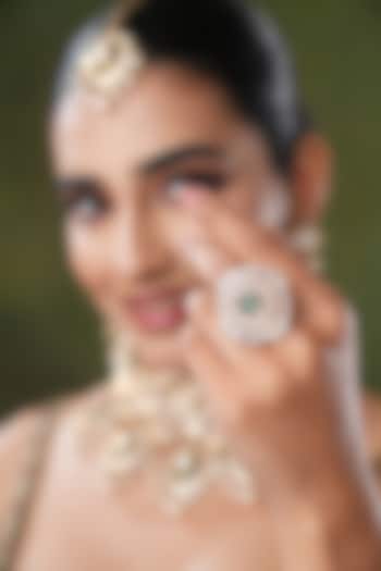 Gold Finish Kundan Polki & Green Stone Ring by EKATHVA JAIPUR at Pernia's Pop Up Shop