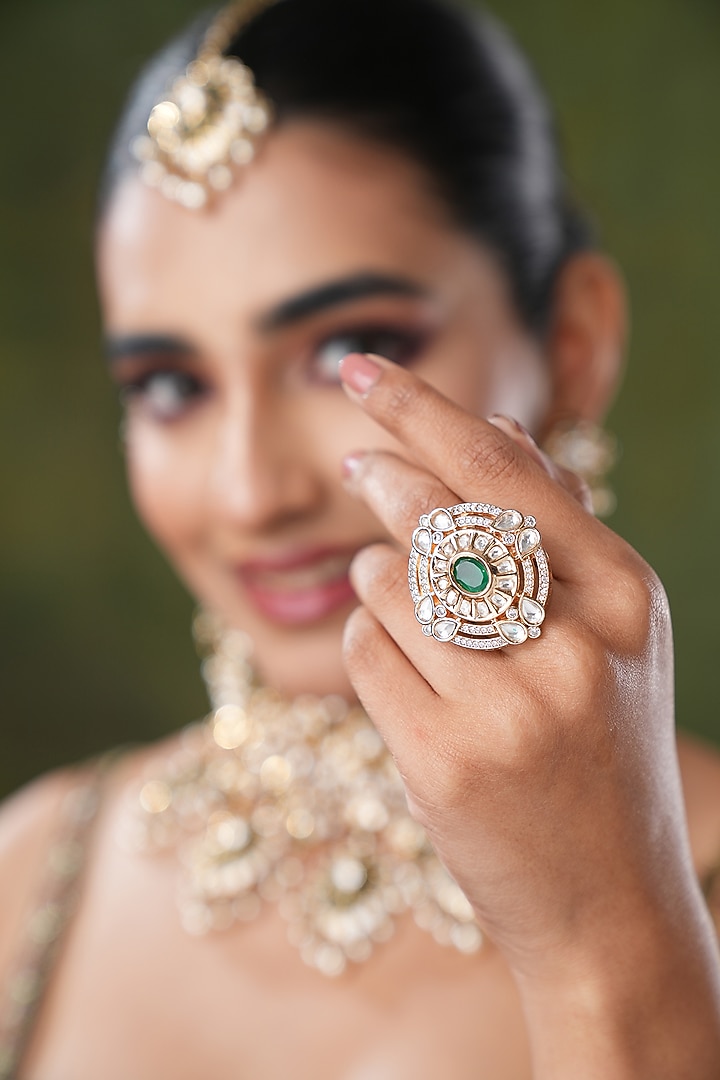 Gold Finish Kundan Polki & Green Stone Ring by EKATHVA JAIPUR at Pernia's Pop Up Shop