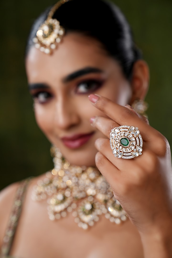 Gold Finish Kundan Polki & Green Stone Ring by EKATHVA JAIPUR at Pernia's Pop Up Shop