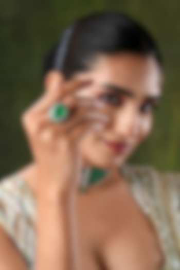 White Finish Swarovski & Green Stone Handcrafted Ring by EKATHVA JAIPUR at Pernia's Pop Up Shop