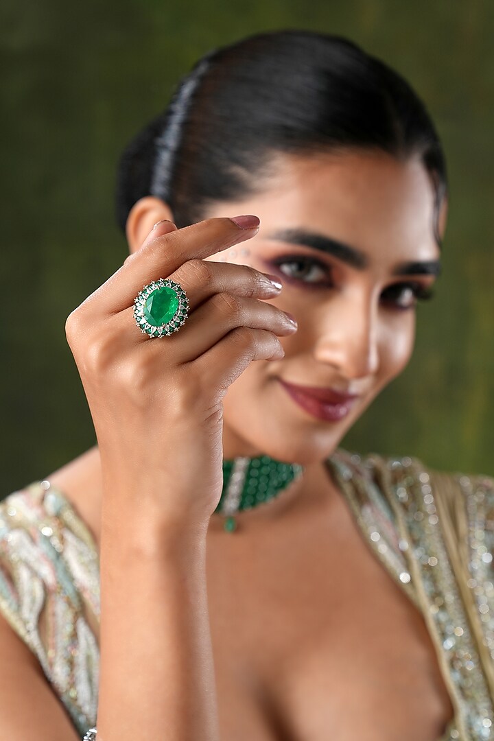 White Finish Swarovski & Green Stone Handcrafted Ring by EKATHVA JAIPUR at Pernia's Pop Up Shop