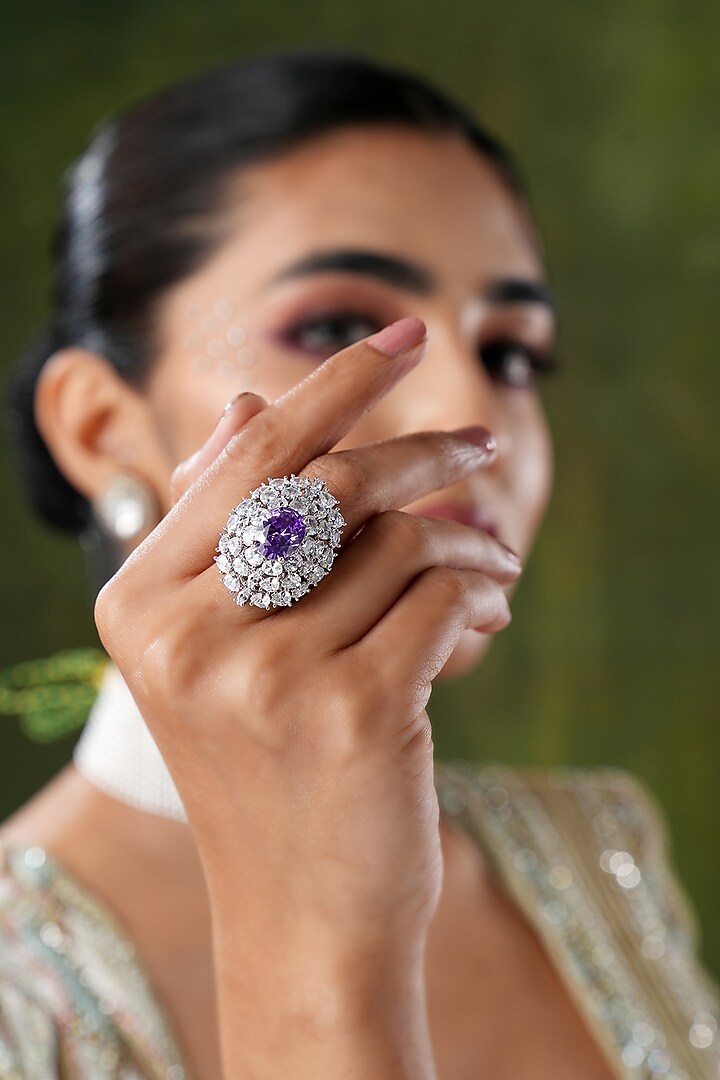 White Finish Swarovski & Blue Stone Handcrafted Ring by EKATHVA JAIPUR at Pernia's Pop Up Shop