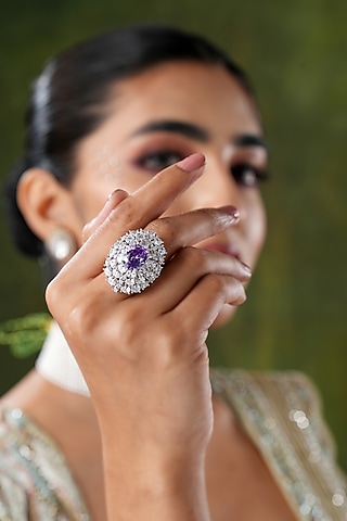 White Finish Swarovski & Blue Stone Handcrafted Ring by EKATHVA JAIPUR