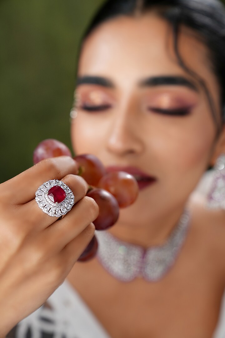 White Finish Swarovski & Red Stone Handcrafted Ring by EKATHVA JAIPUR at Pernia's Pop Up Shop