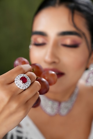White Finish Swarovski & Red Stone Handcrafted Ring by EKATHVA JAIPUR