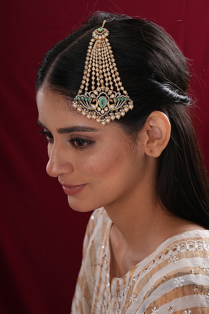Gold Finish Kundan Polki & Mint Stone Passa by EKATHVA JAIPUR at Pernia's Pop Up Shop