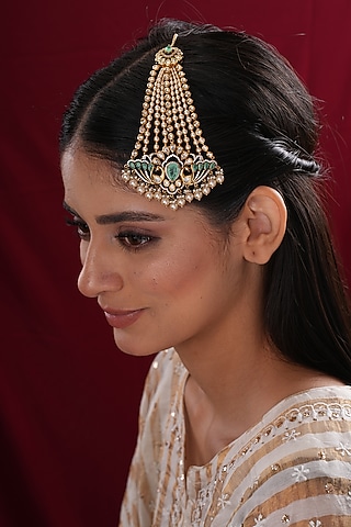 Gold Finish Kundan Polki & Mint Stone Passa by EKATHVA JAIPUR