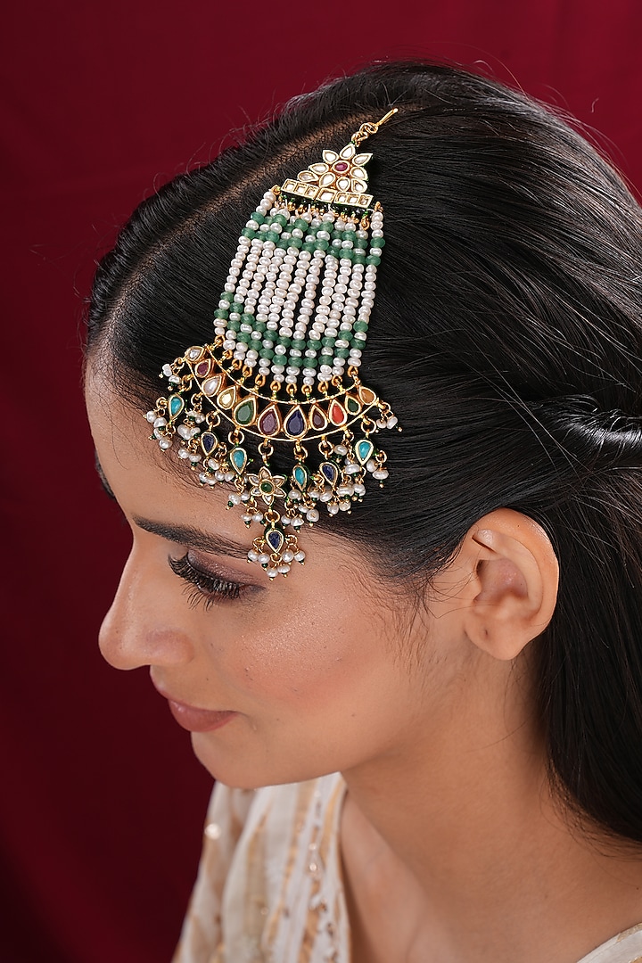 Gold Finish Kundan Polki & Green Stone Passa by EKATHVA JAIPUR at Pernia's Pop Up Shop