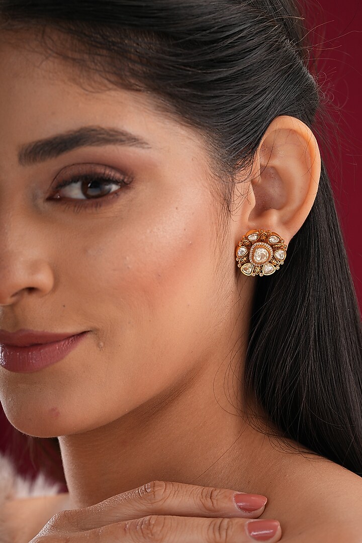 Gold Finish Kundan Polki Stud Earrings by EKATHVA JAIPUR at Pernia's Pop Up Shop