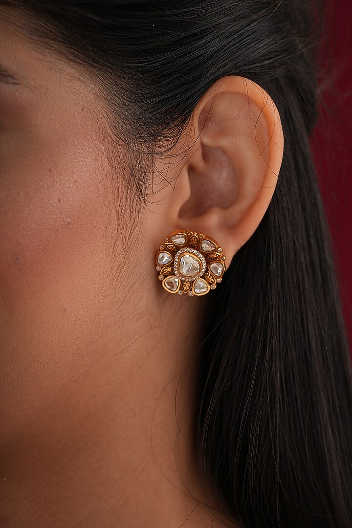 Gold Finish Kundan Polki Stud Earrings by EKATHVA JAIPUR at Pernia's Pop Up Shop