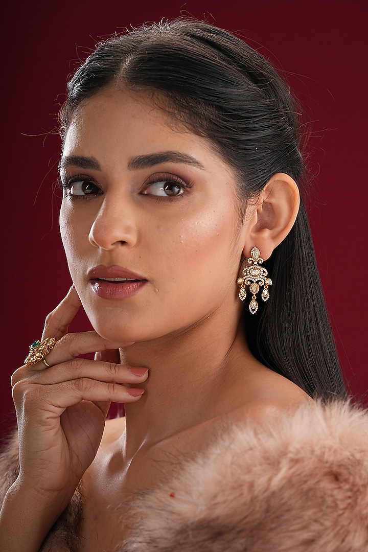 Gold Finish Kundan Polki Dangler Earrings by EKATHVA JAIPUR at Pernia's Pop Up Shop