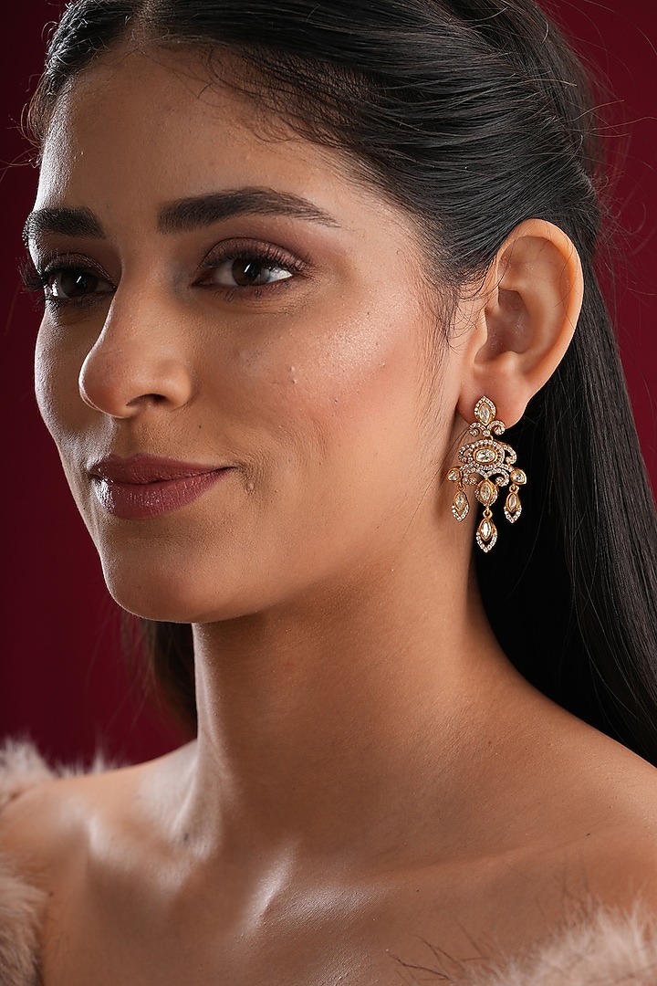 Gold Finish Kundan Polki Dangler Earrings by EKATHVA JAIPUR at Pernia's Pop Up Shop