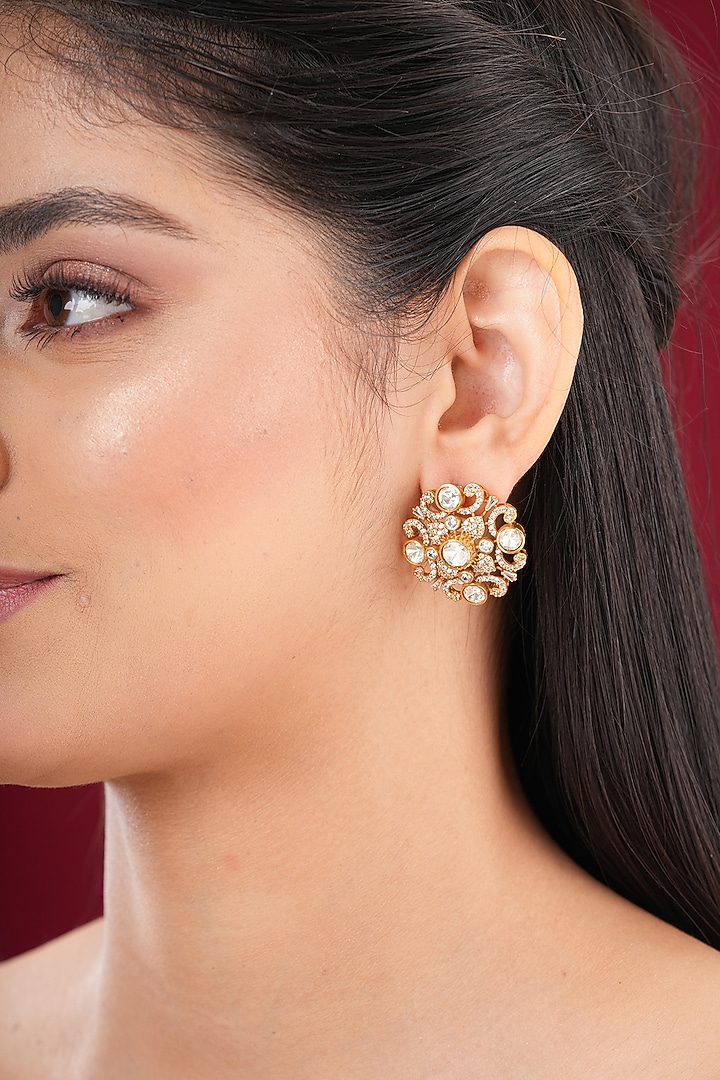 Gold Finish Kundan Polki Stud Earrings by EKATHVA JAIPUR at Pernia's Pop Up Shop