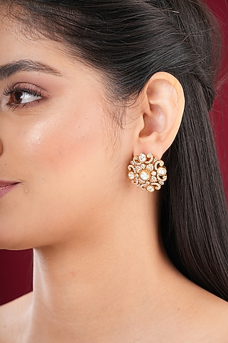 Gold Finish Kundan Polki Stud Earrings by EKATHVA JAIPUR