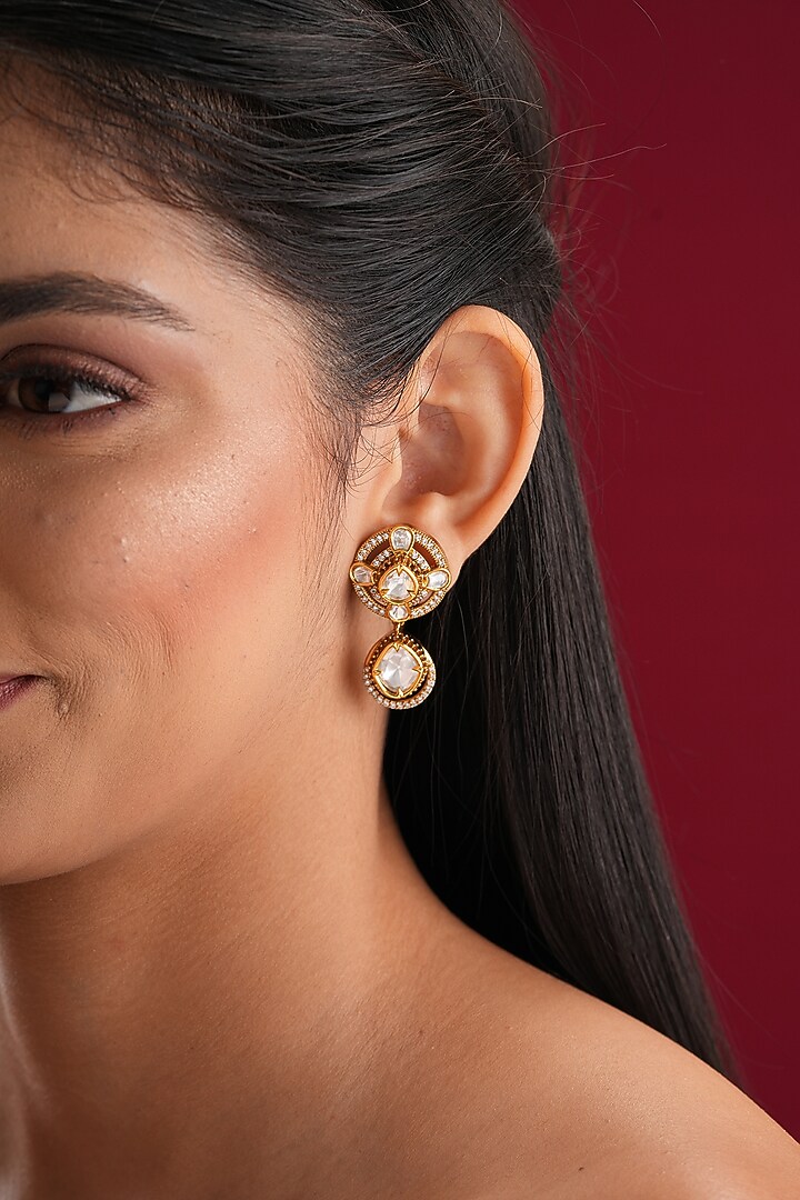 Gold Finish Kundan Polki Dangler Earrings by EKATHVA JAIPUR at Pernia's Pop Up Shop