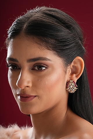 Gold Finish Kundan Polki & Red Stone Stud Earrings by EKATHVA JAIPUR