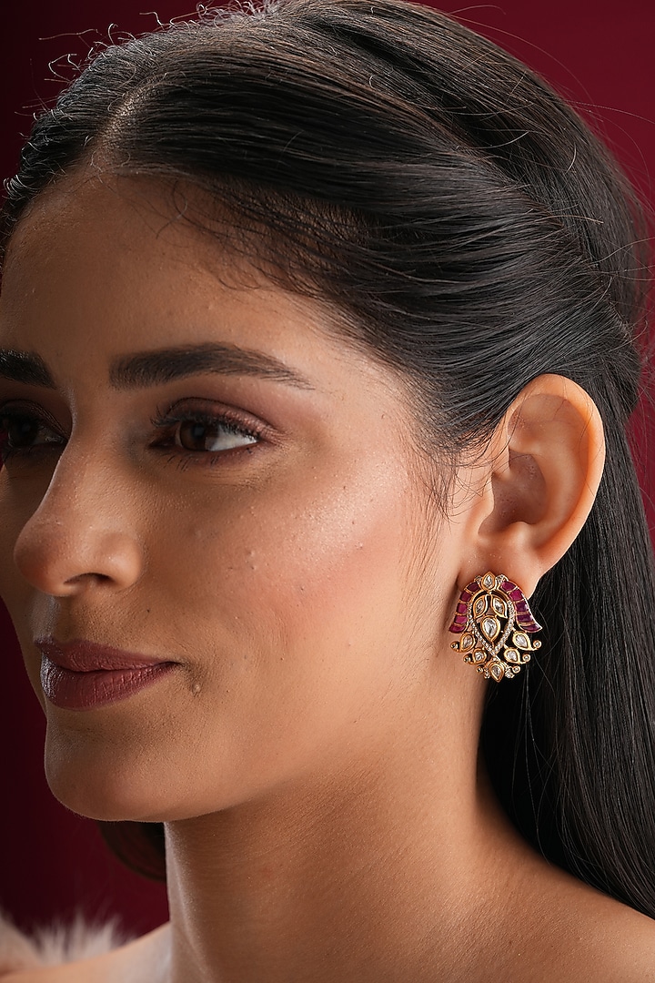 Gold Finish Kundan Polki & Red Stone Stud Earrings by EKATHVA JAIPUR at Pernia's Pop Up Shop