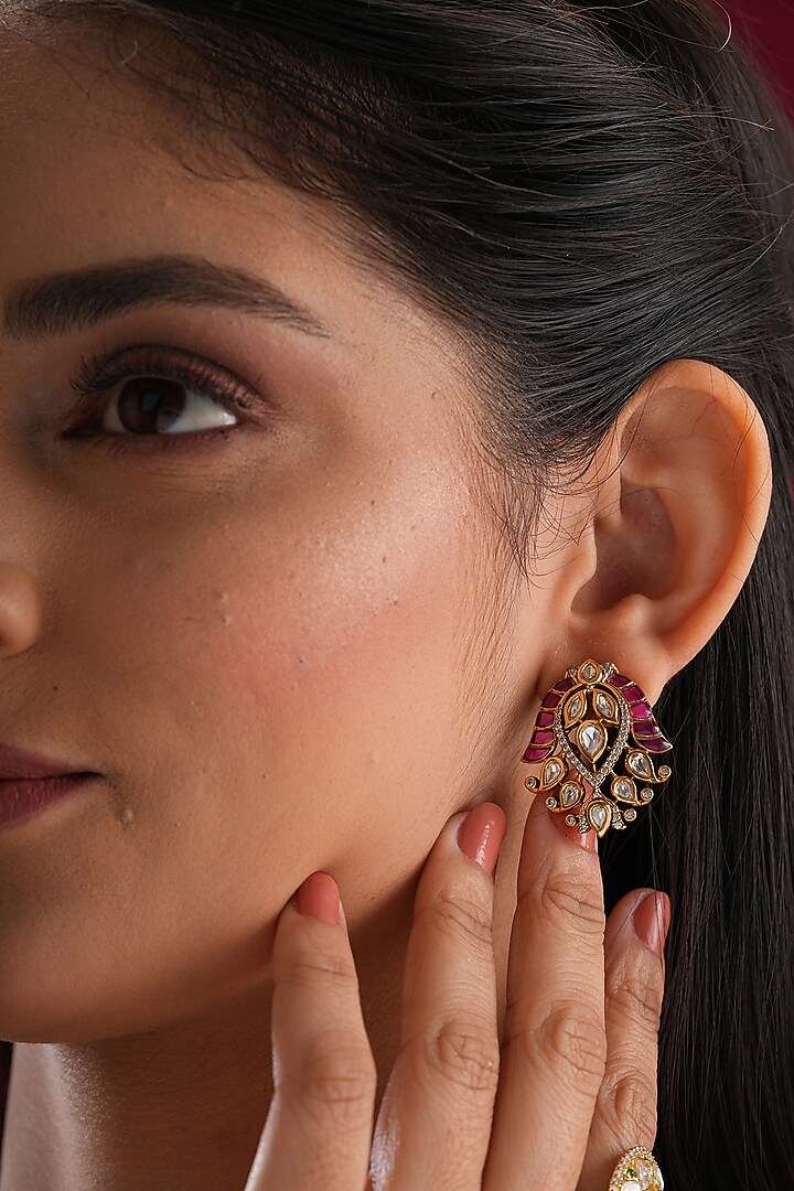 Gold Finish Kundan Polki & Red Stone Stud Earrings by EKATHVA JAIPUR at Pernia's Pop Up Shop