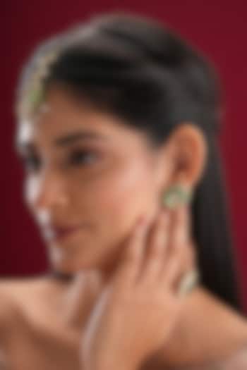 Gold Finish Kundan Polki & Green Stone Stud Earrings by EKATHVA JAIPUR at Pernia's Pop Up Shop