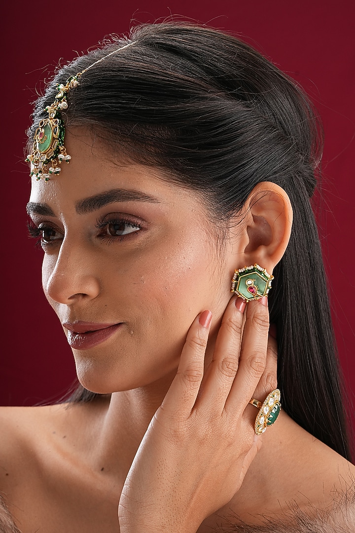 Gold Finish Kundan Polki & Green Stone Stud Earrings by EKATHVA JAIPUR at Pernia's Pop Up Shop